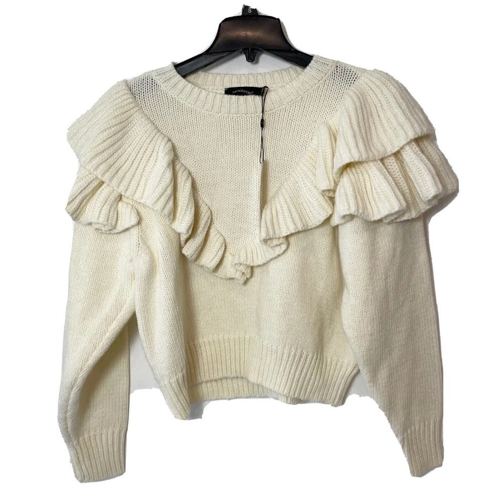 Minkpink Carice Ruffle Knit Pullover Wool Sweater White S Knit Long Sleeve New